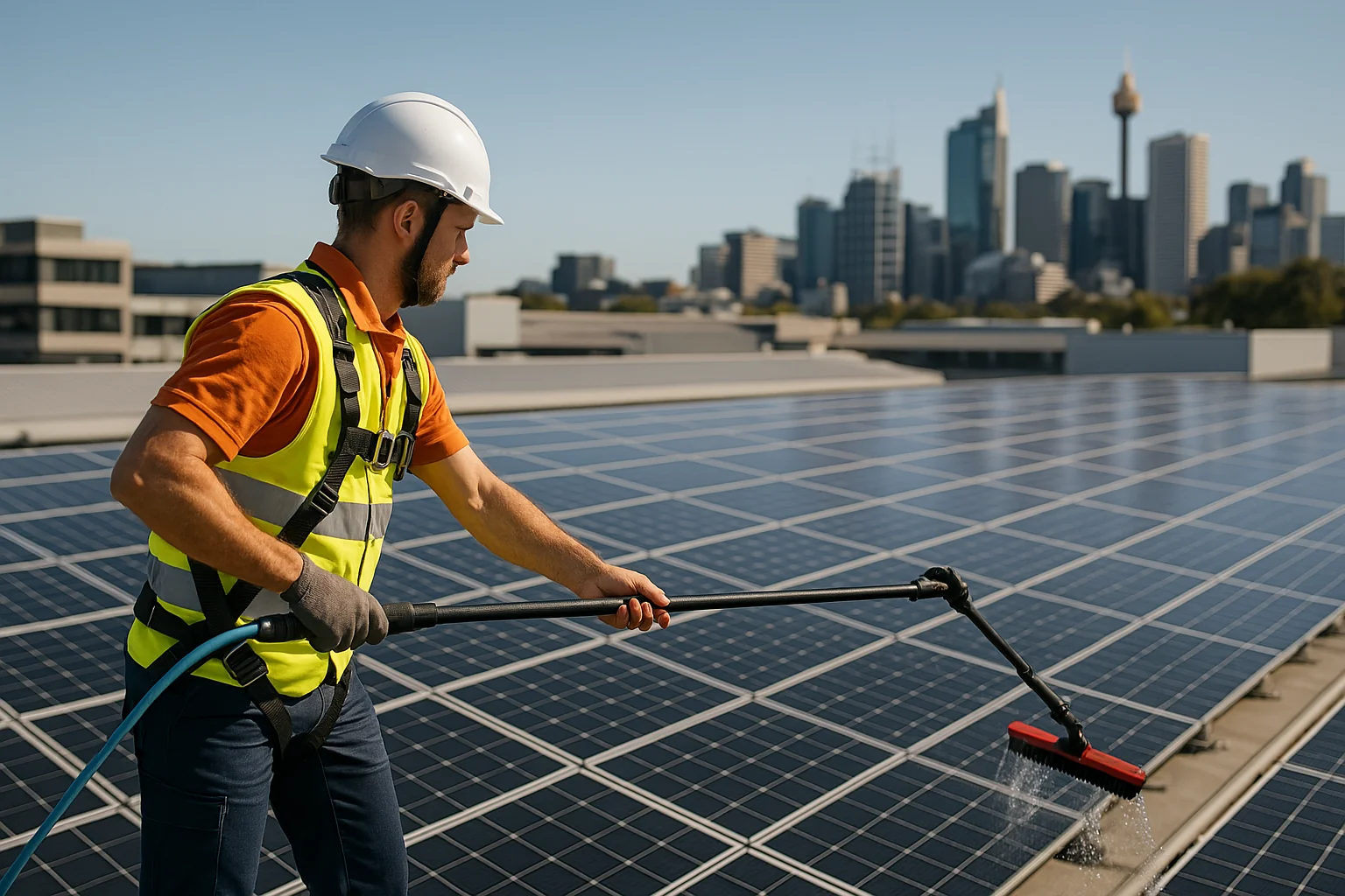 Commercial solar panel cleaning on large building