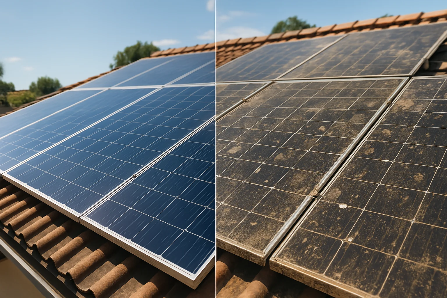 Before and after solar panel cleaning comparison in Sydney showing 30% efficiency improvement